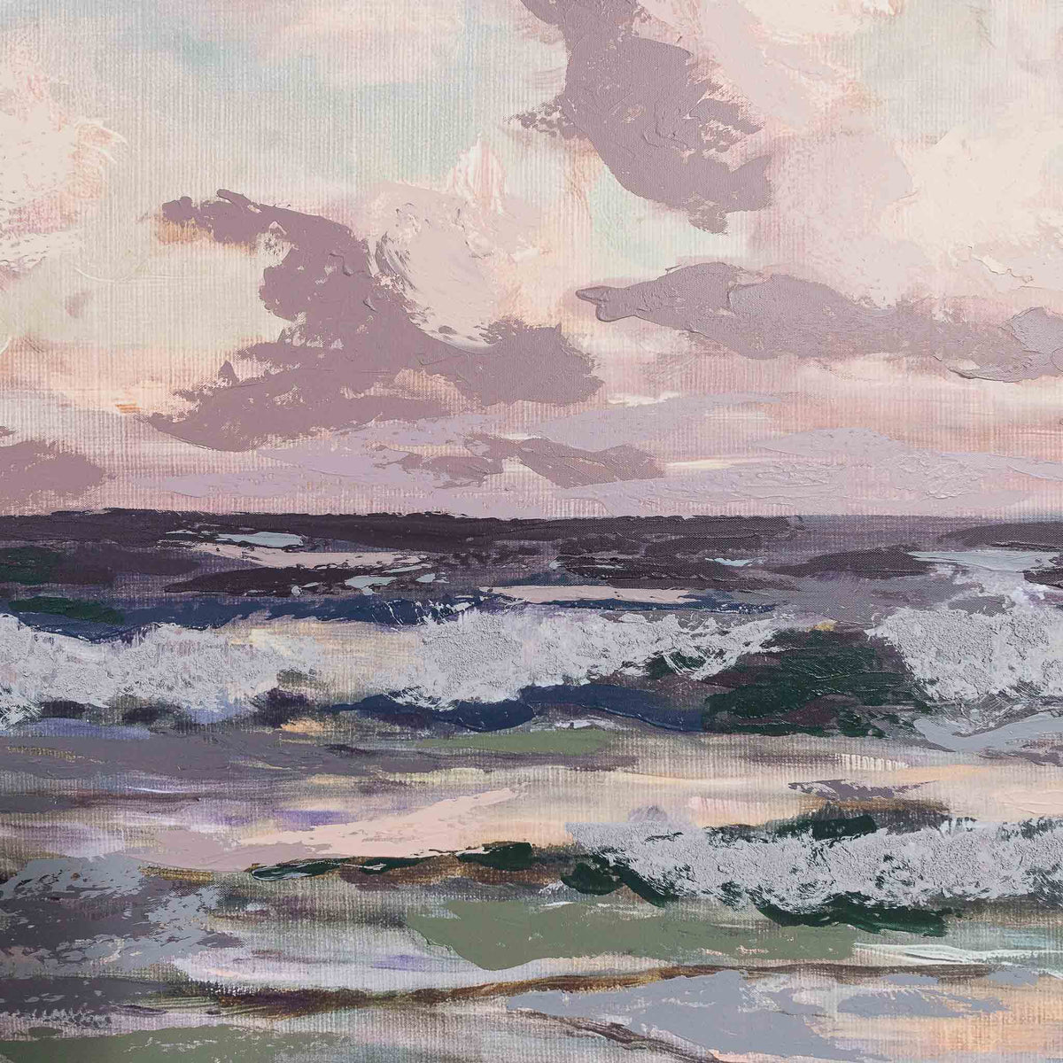 Leather Gallery Ocean Reverie - Kia, featuring a pastel coastal seascape with layered paint texture and a Kia frame.