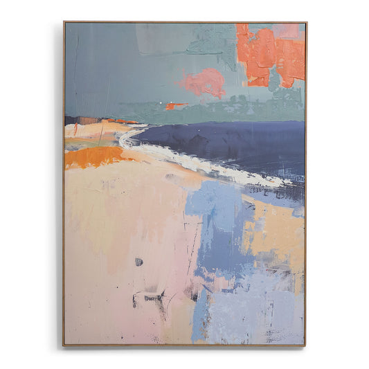 Tidal Memories - Kia Abstract Artwork by Leather Gallery featuring layered blue, coral and beige tones in a natural wood-toned frame.