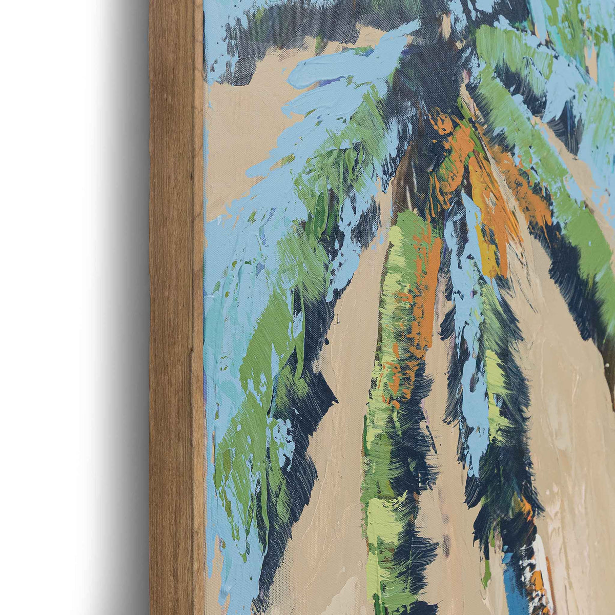 Nekali Artwork II - Kia by Leather Gallery featuring two tropical palm trees in blue, green and terracotta tones with a Kia frame.