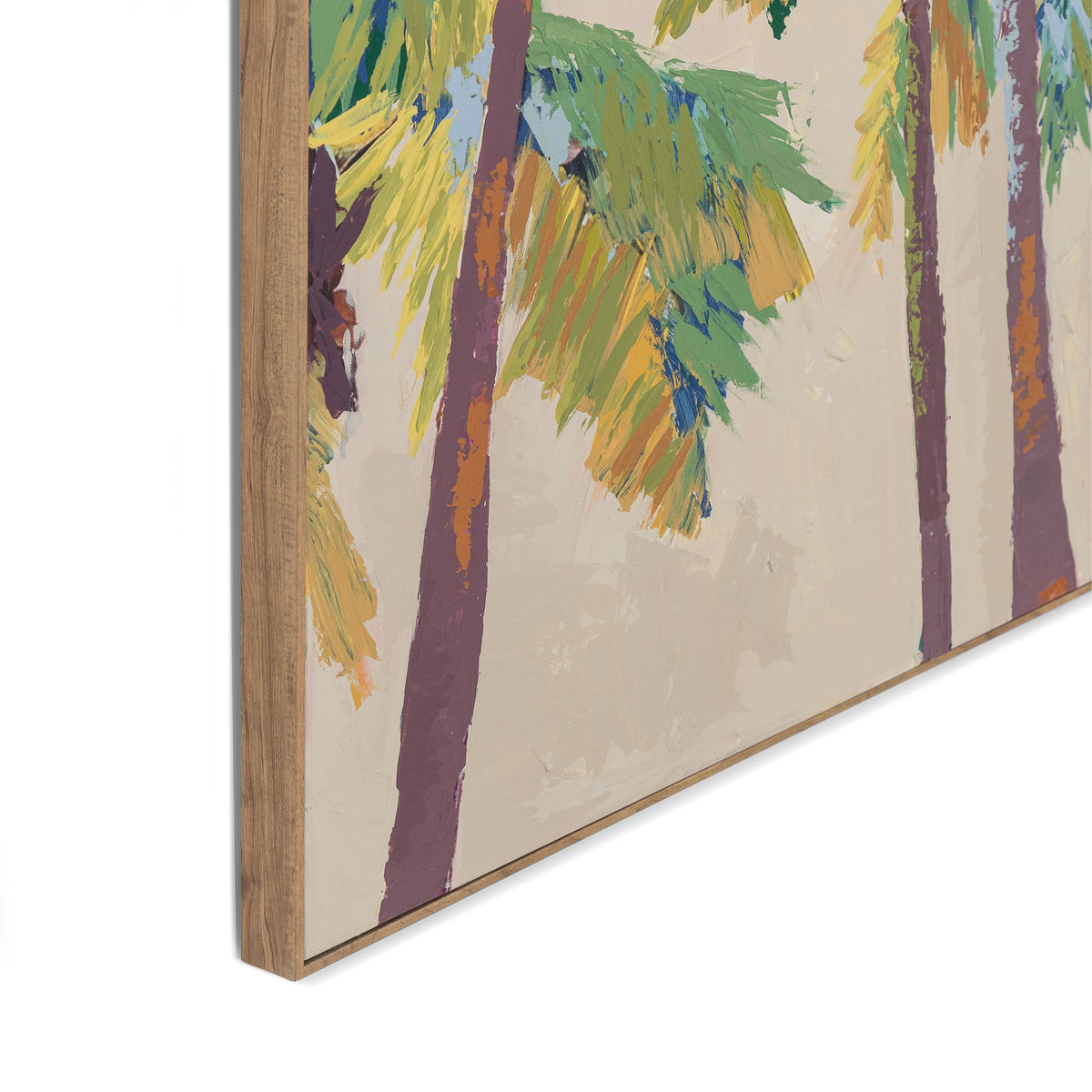 Nekali Artwork I - Kia Canvas Artwork by Leather Gallery featuring tropical palm trees in vibrant green, turquoise, blue and yellow tones with a Kia frame.