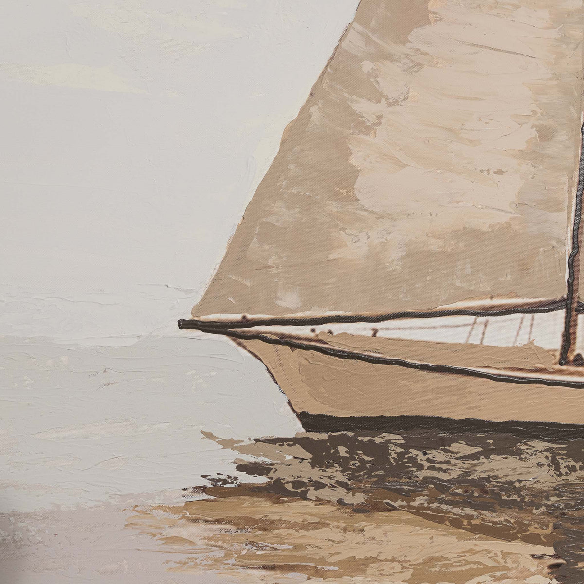 A Quiet Voyage - Kia Canvas Artwork by Leather Gallery featuring a solitary sailboat on calm waters in soft beige and ivory tones with a Kia frame.
