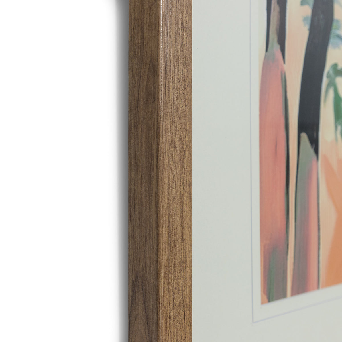 Between Cliff & Sea - Kia Artwork by Leather Gallery featuring a tropical coastline, turquoise ocean, lush green trees and a natural wood-toned frame.