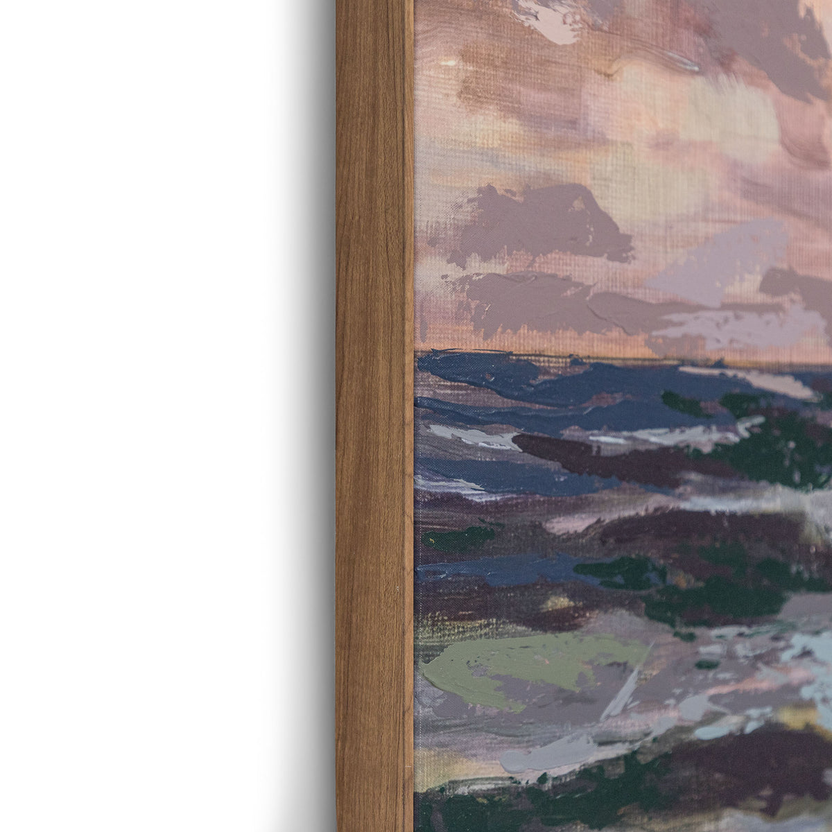 Leather Gallery Ocean Reverie - Kia, featuring a pastel coastal seascape with layered paint texture and a Kia frame.
