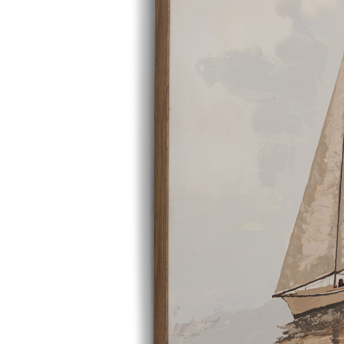 A Quiet Voyage - Kia Canvas Artwork by Leather Gallery featuring a solitary sailboat on calm waters in soft beige and ivory tones with a Kia frame.