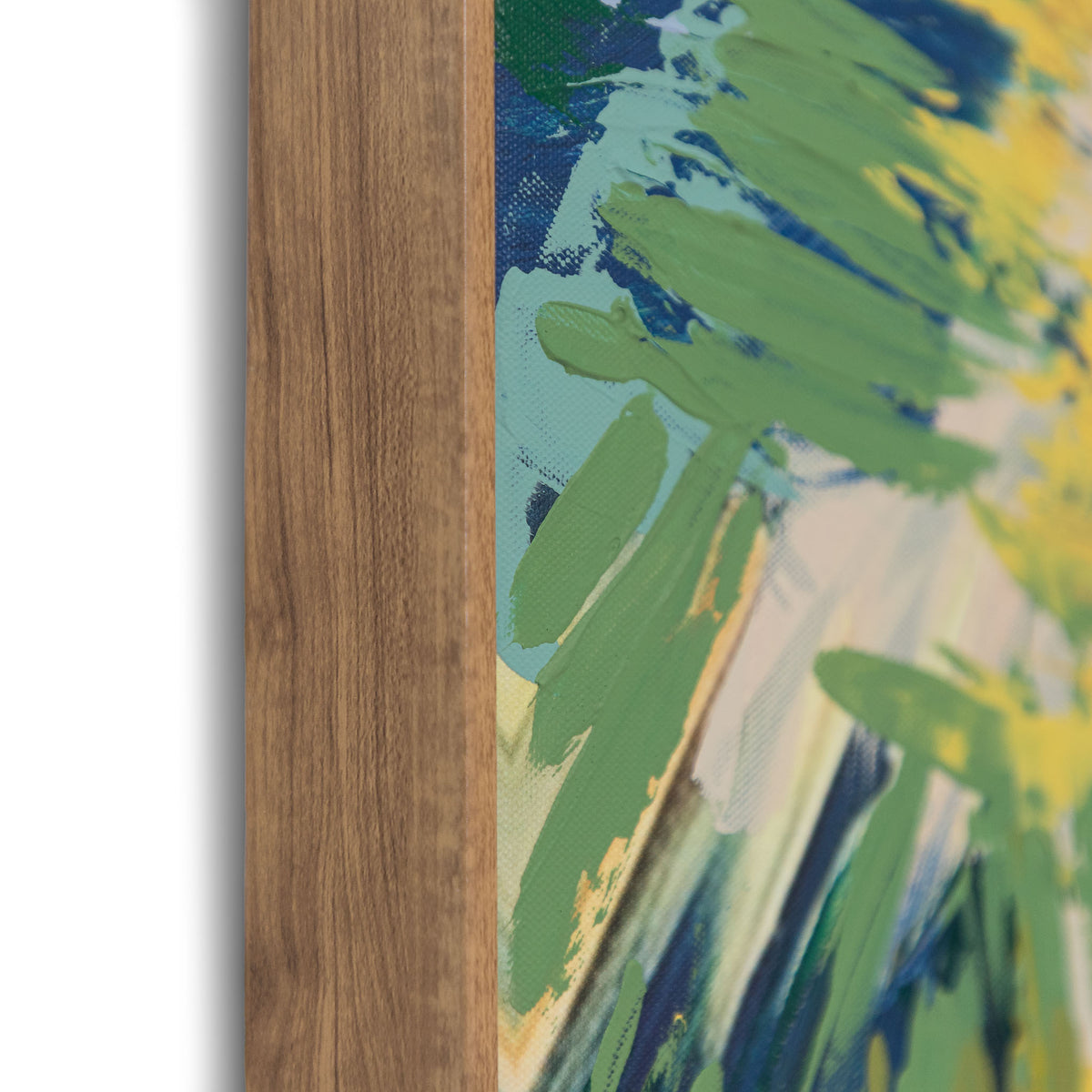 Nekali Artwork I - Kia Canvas Artwork by Leather Gallery featuring tropical palm trees in vibrant green, turquoise, blue and yellow tones with a Kia frame.