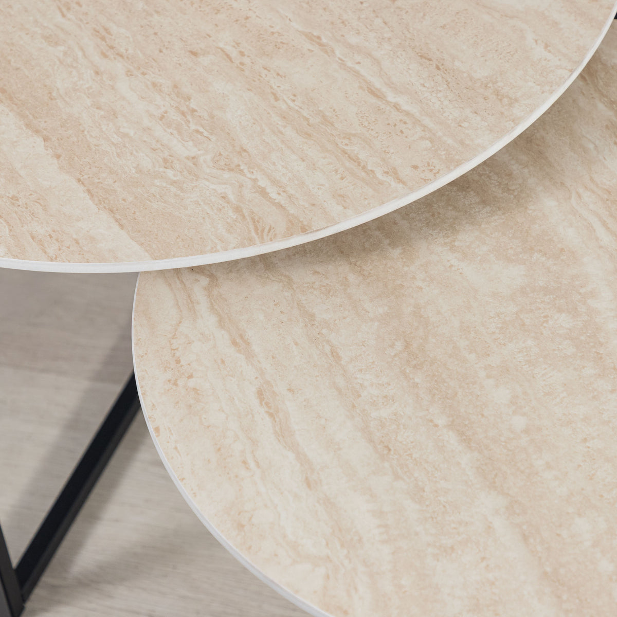 Gallery Everyday Callum Nesting Coffee Tables Set of 2, featuring light wood tops and slim black metal frames.