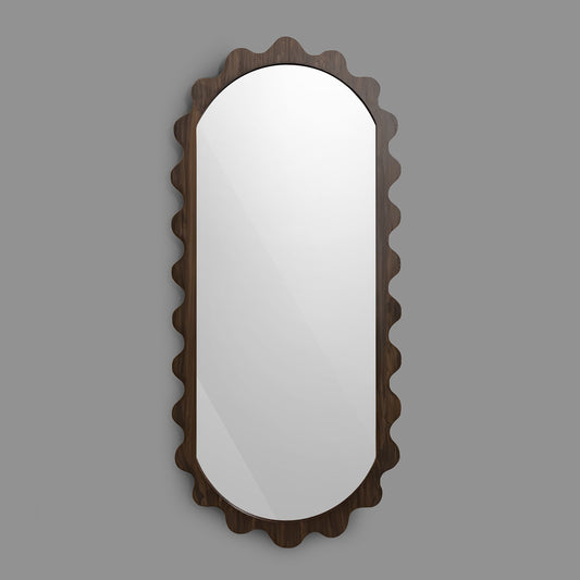 Leather Gallery Morgana Wall Mirror in Brown, featuring an elongated scalloped frame with an antique-glaze finish.