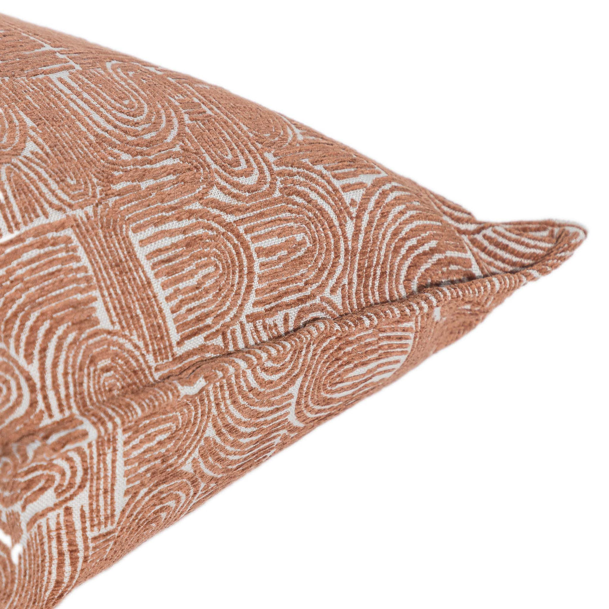 Leather Gallery Arc-Canyon Rust Cushion, featuring a warm rust abstract arch pattern with repeating curved line detailing.