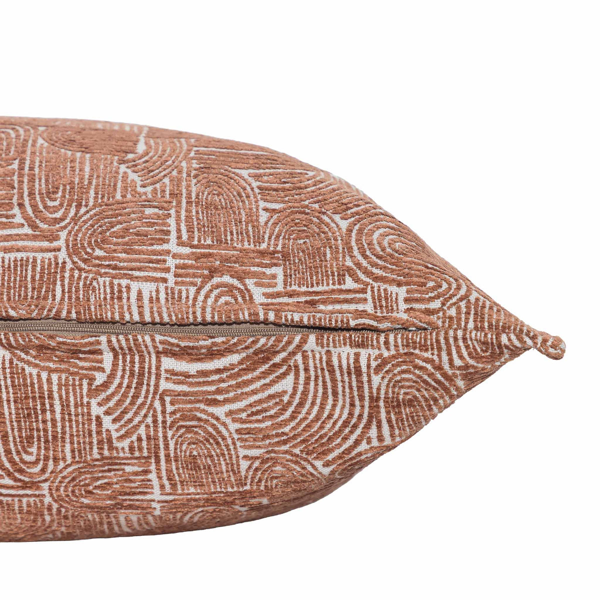 Leather Gallery Arc-Canyon Rust Cushion, featuring a warm rust abstract arch pattern with repeating curved line detailing.