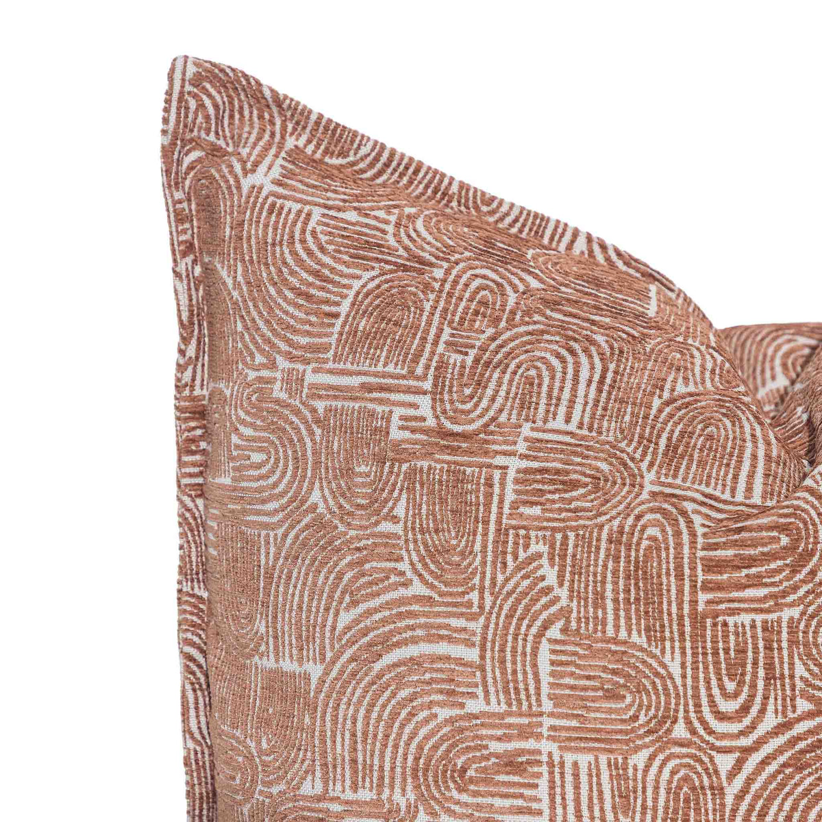 Leather Gallery Arc-Canyon Rust Cushion, featuring a warm rust abstract arch pattern with repeating curved line detailing.