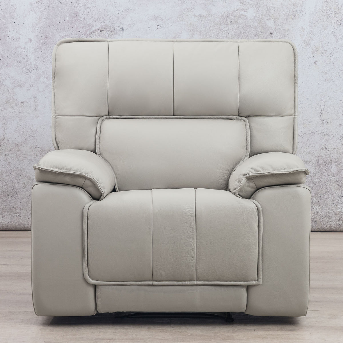 Front view of the Bentley Leather 1-seater Recliner in beige. | Recliner couches, recliner couches on sale, leather recliner chair, Beige-G