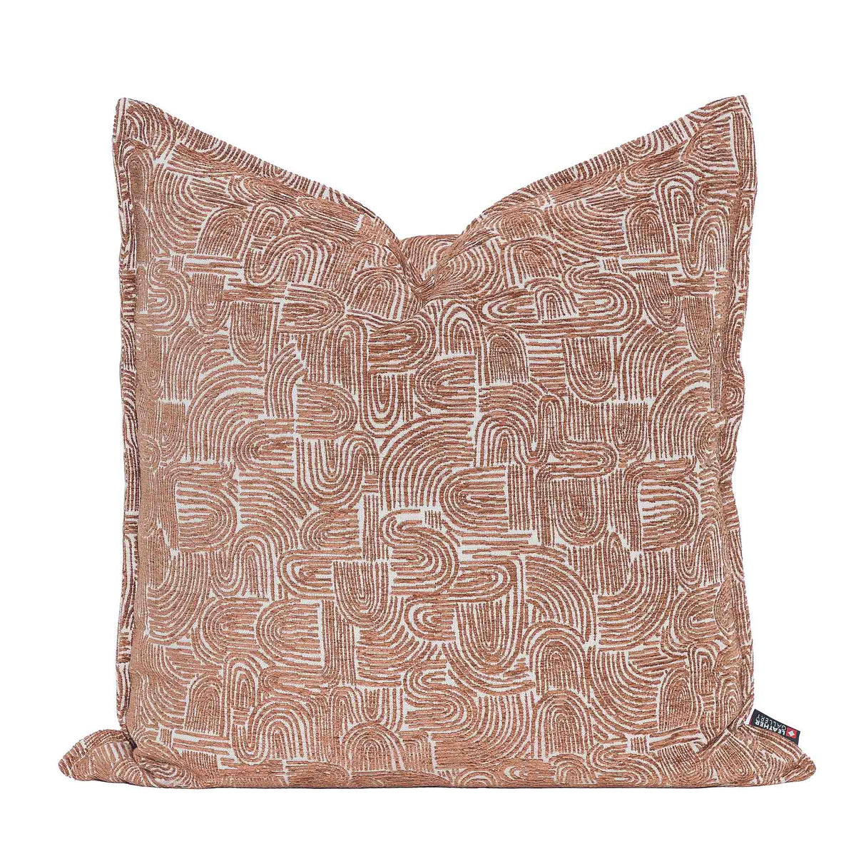 Leather Gallery Arc-Canyon Rust Cushion, featuring a warm rust abstract arch pattern with repeating curved line detailing.