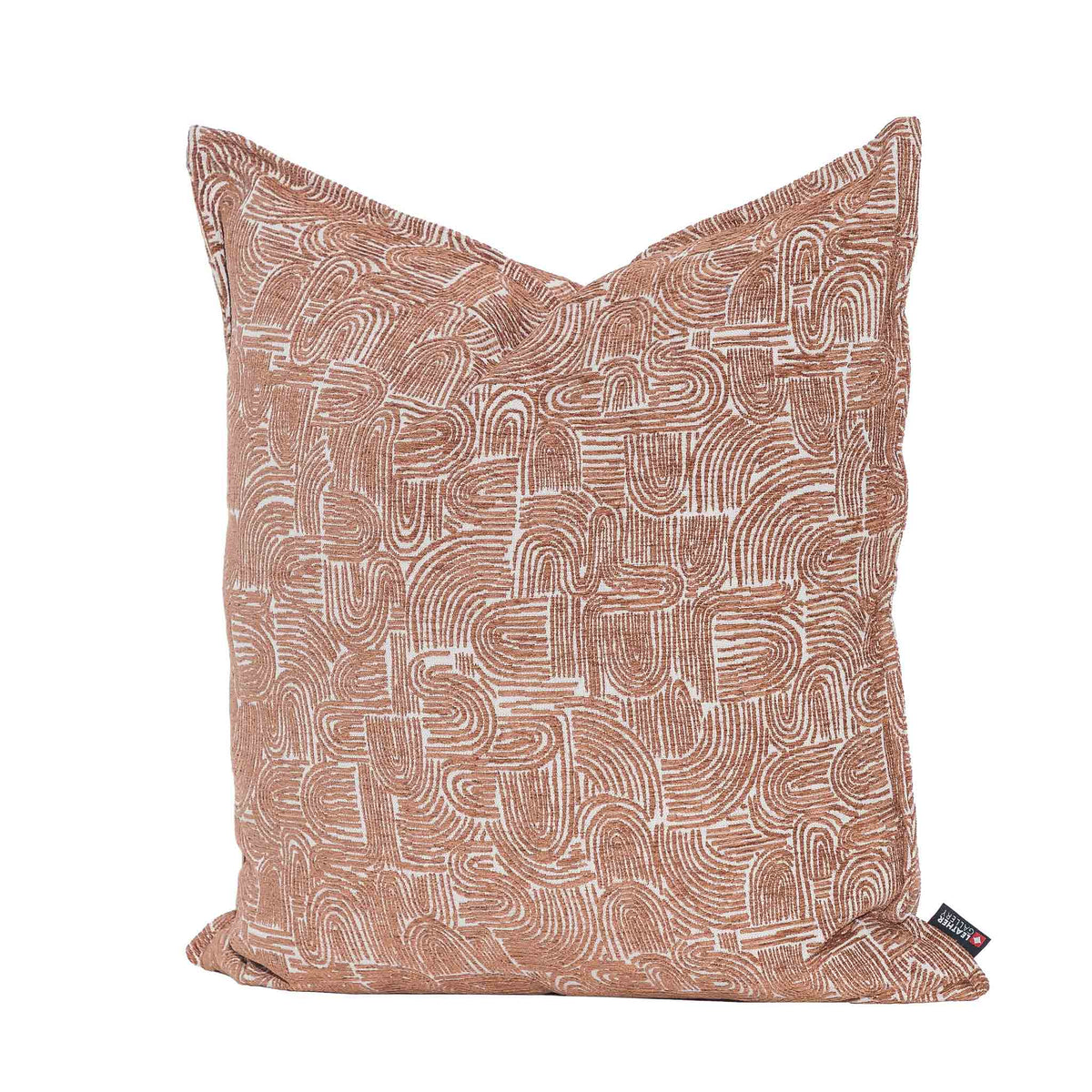 Leather Gallery Arc-Canyon Rust Cushion, featuring a warm rust abstract arch pattern with repeating curved line detailing.