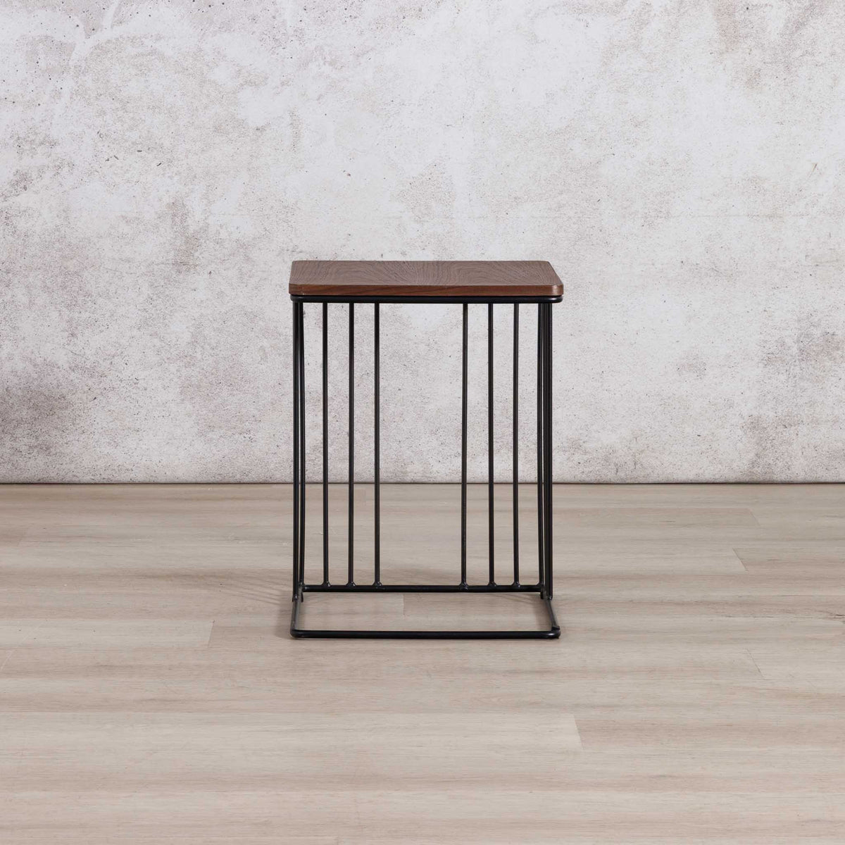 Gallery Everyday Camila Side Table in Walnut, featuring a dark wood square top and black metal wire-frame base.