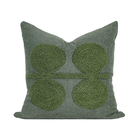 Leather Gallery Halo Matcha Green Cushion, featuring a deep green woven base with raised circular tufted detailing.