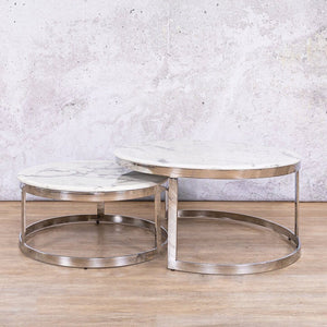 Waldorf Coffee Table Set with a stylish marble-look top and sleek silver metal frame, perfect for modern living room décor.