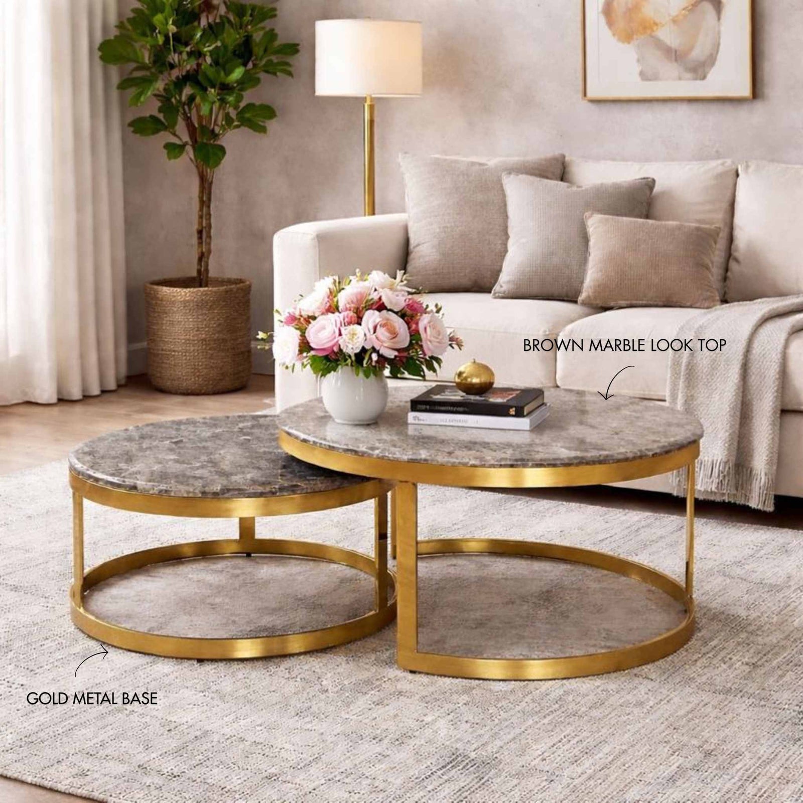 waldorf coffee tableset brown marble -look | Leather Gallery