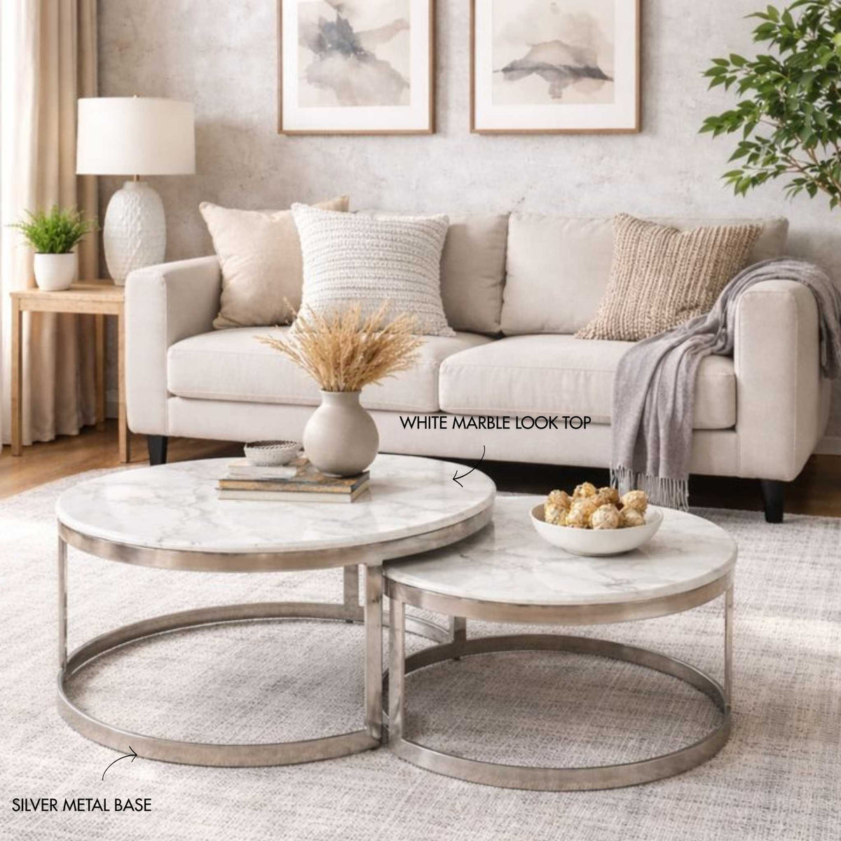 waldorf coffee tableset white marble look top | Leather Gallery