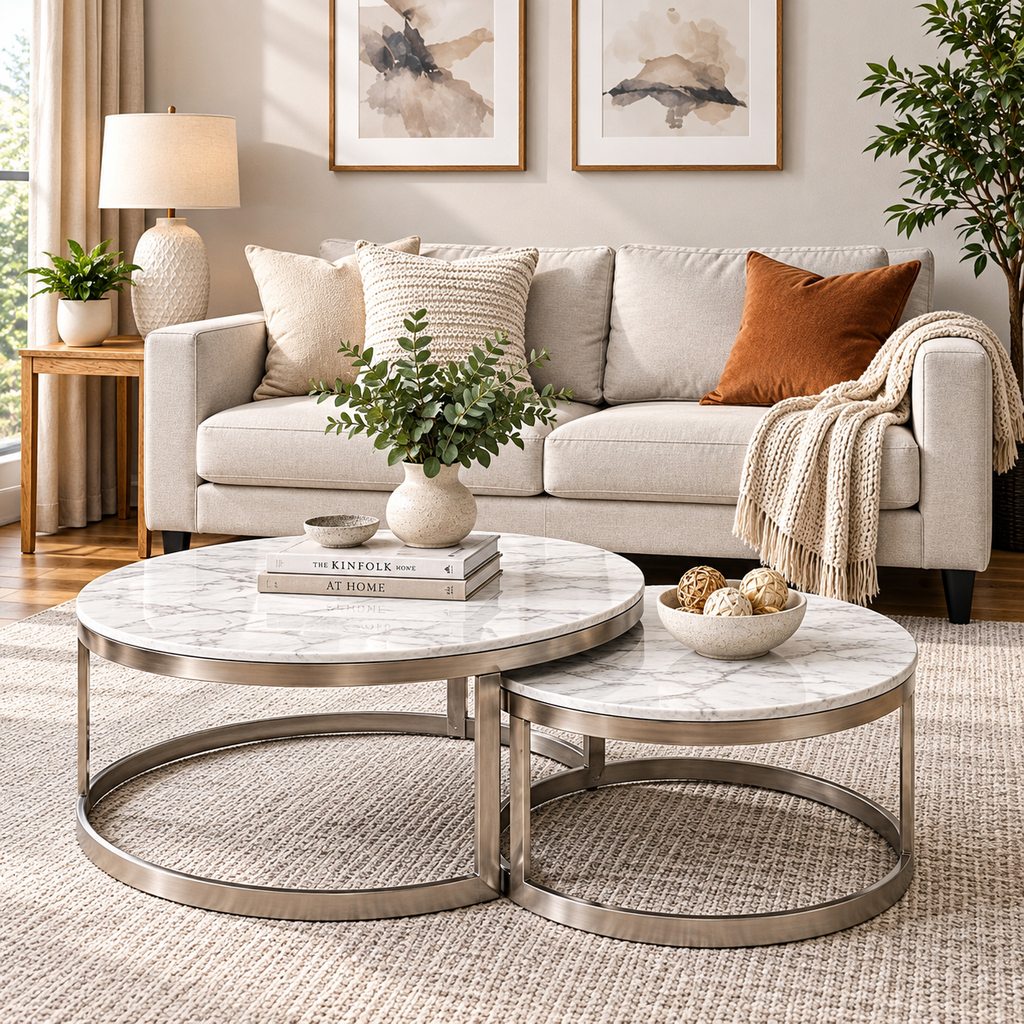 waldorf coffee tableset white marble look top | Leather Gallery