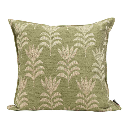 A square Wilderness Jade couch cushion with an embroidered sage green and off-white floral motif, designed for use as high-quality chair cushions or accents. | Leather Gallery Scatter Cushions 
