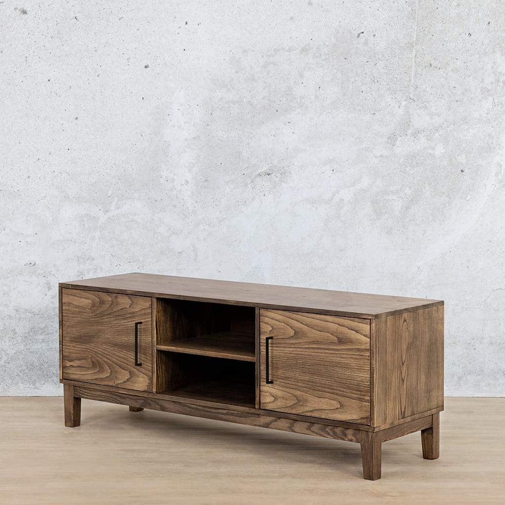 Willow Plasma 1.5M Plasma Unit in Antique Dark Oak - Angled View – Includes Two Cabinets and Two Shelves – TV Stands For Sale at Leather Gallery | Stylish Wood TV Unit