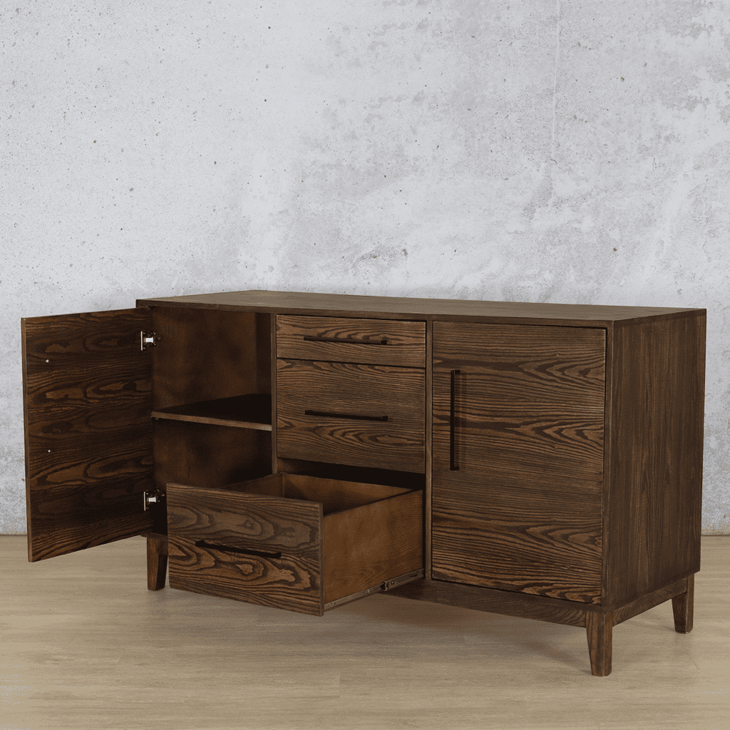 Willow 1.6m Wood Sideboard in Antique Dark Oak – Angled View with Open Drawer and Cabinet – Rustic Wood Sideboards at Leather Gallery