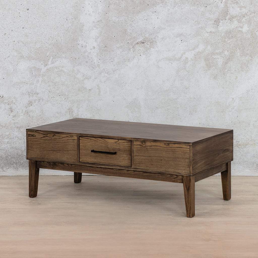 Willow Coffee Table in Antique Dark Oak with centre drawer (1200mm L x 600mm D x 450mm H), angled view – Leather Gallery