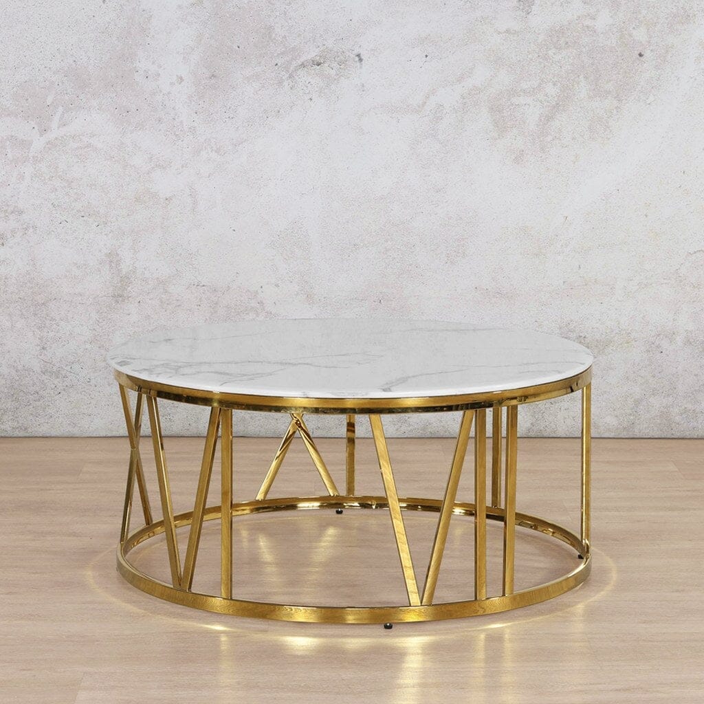 Zoya Coffee Table - White Marble Look Top & Gold Base - Available on Special Order Plan Only Coffee Table Leather Gallery 
