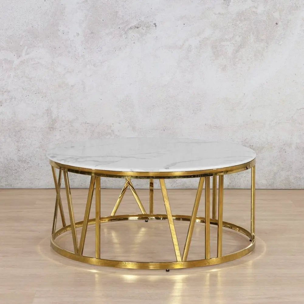 Zoya Coffee Table - White Marble Look Top & Gold Base - DIA1010 x H450 / White Marble Top - Gold Base - Coffee Table