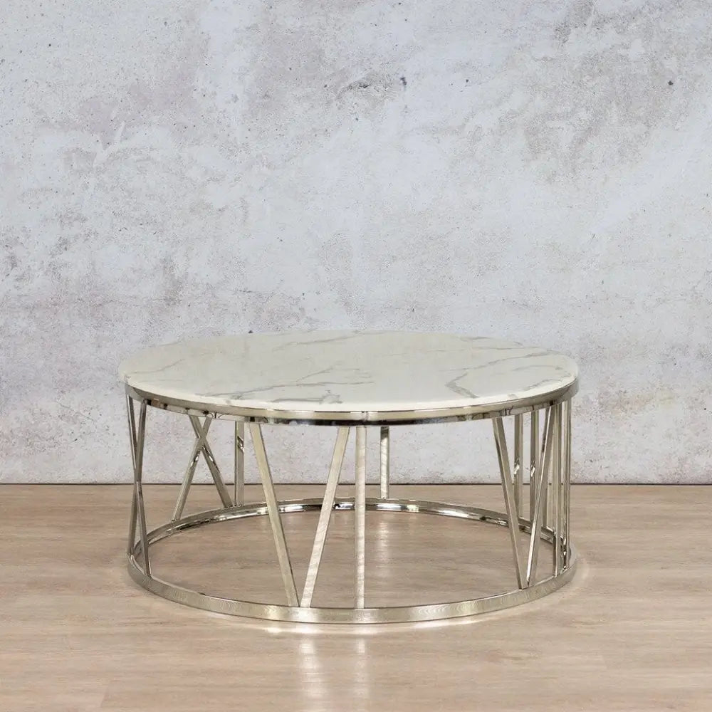 Zoya Coffee Table - White Marble Look Top & Silver Base - DIA1010 x H450 / White Marble Top - Silver Base - Coffee Table