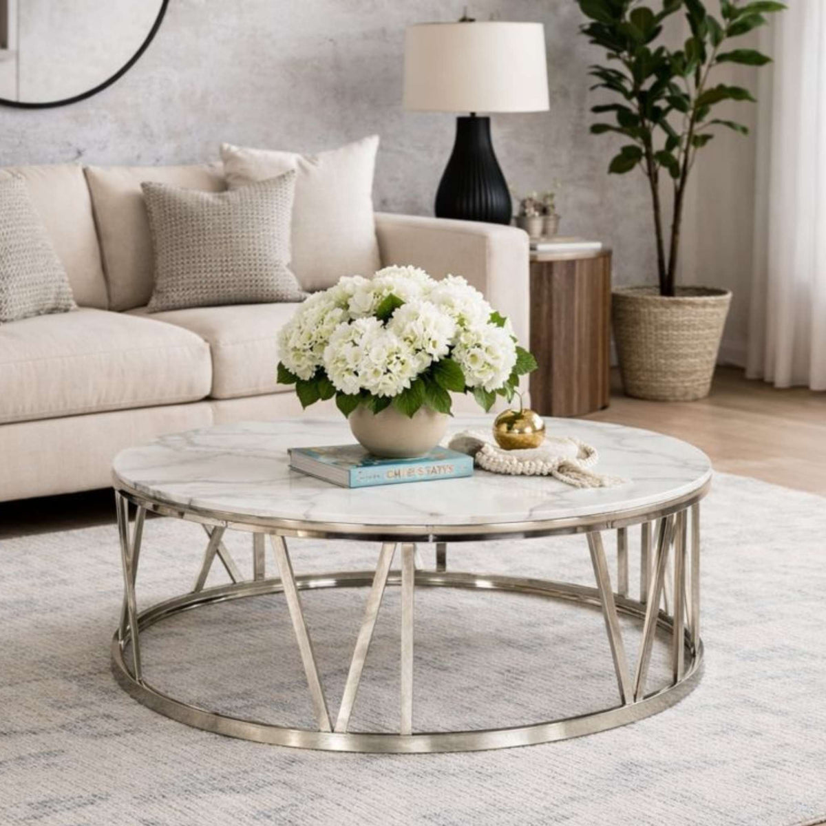 Zoya Coffee Table - White Marble Look Top &amp; Silver Base - DIA1010 x H450 / White Marble Top - Silver Base - Coffee Table | coffee tables for sale, coffee tables 