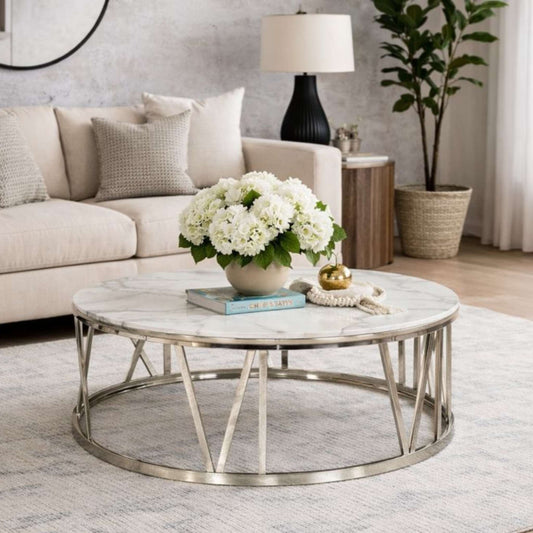 Zoya Coffee Table - White Marble Look Top & Silver Base - DIA1010 x H450 / White Marble Top - Silver Base - Coffee Table | coffee tables for sale, coffee tables 