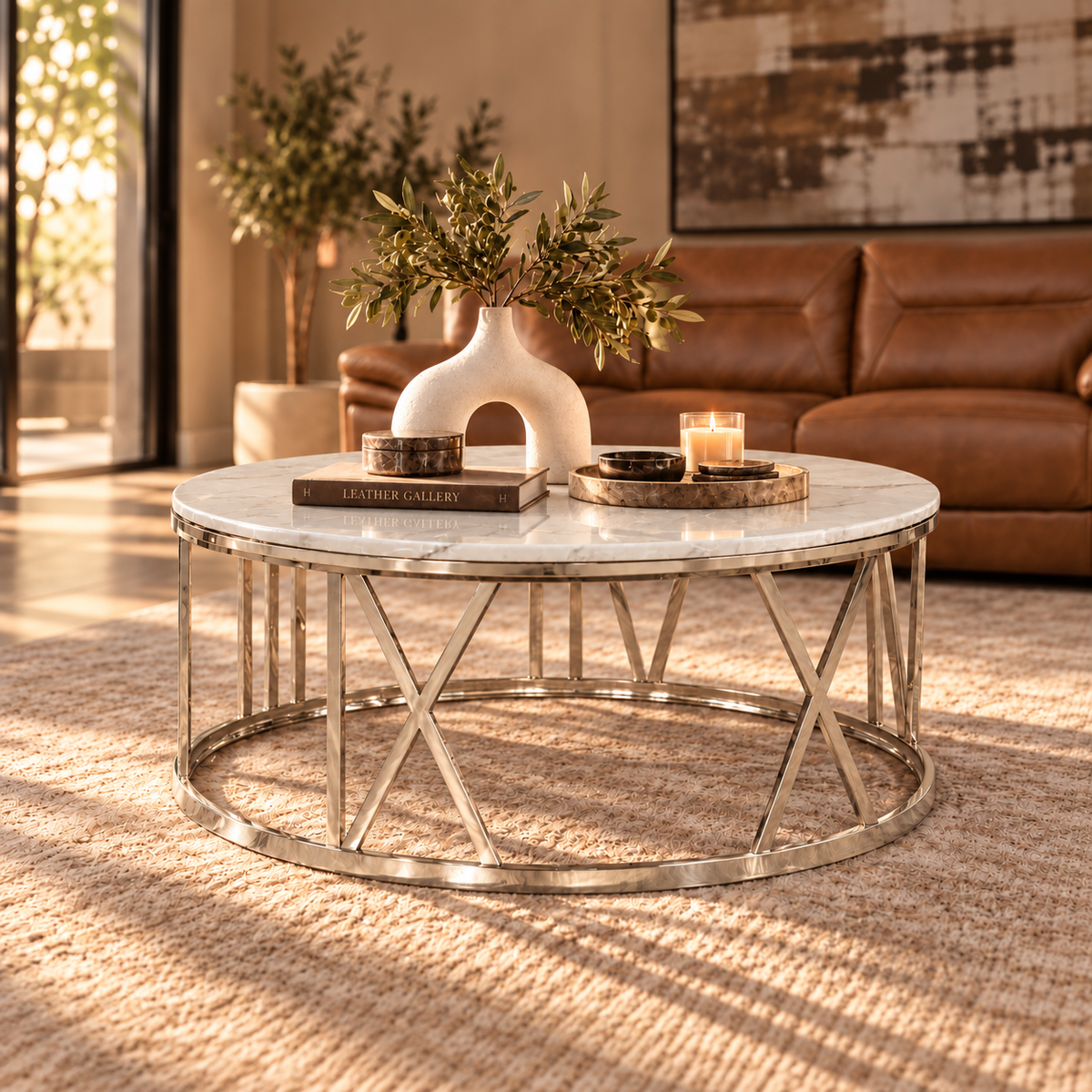 Zoya Coffee Table - White Marble Look Top & Silver Base - DIA1010 x H450 / White Marble Top - Silver Base - Coffee Table | coffee tables for sale, coffee tables 