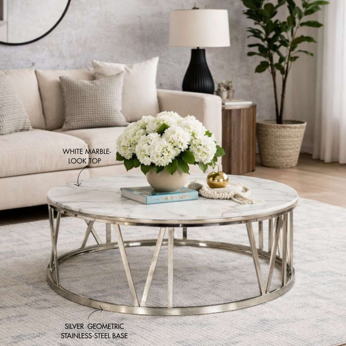 Zoya Coffee Table - White Marble Look Top & Silver Base - DIA1010 x H450 / White Marble Top - Silver Base - Coffee Table | coffee tables for sale, coffee tables 