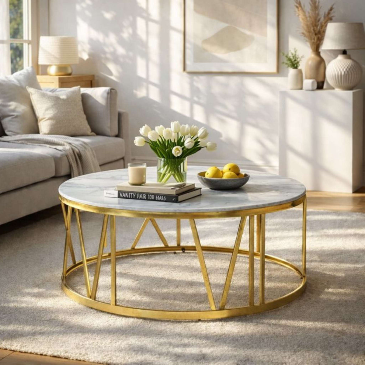 Zoya Coffee Table - White Marble Look Top &amp; Gold Base - DIA1010 x H450 / White Marble Top - Gold Base - Coffee 