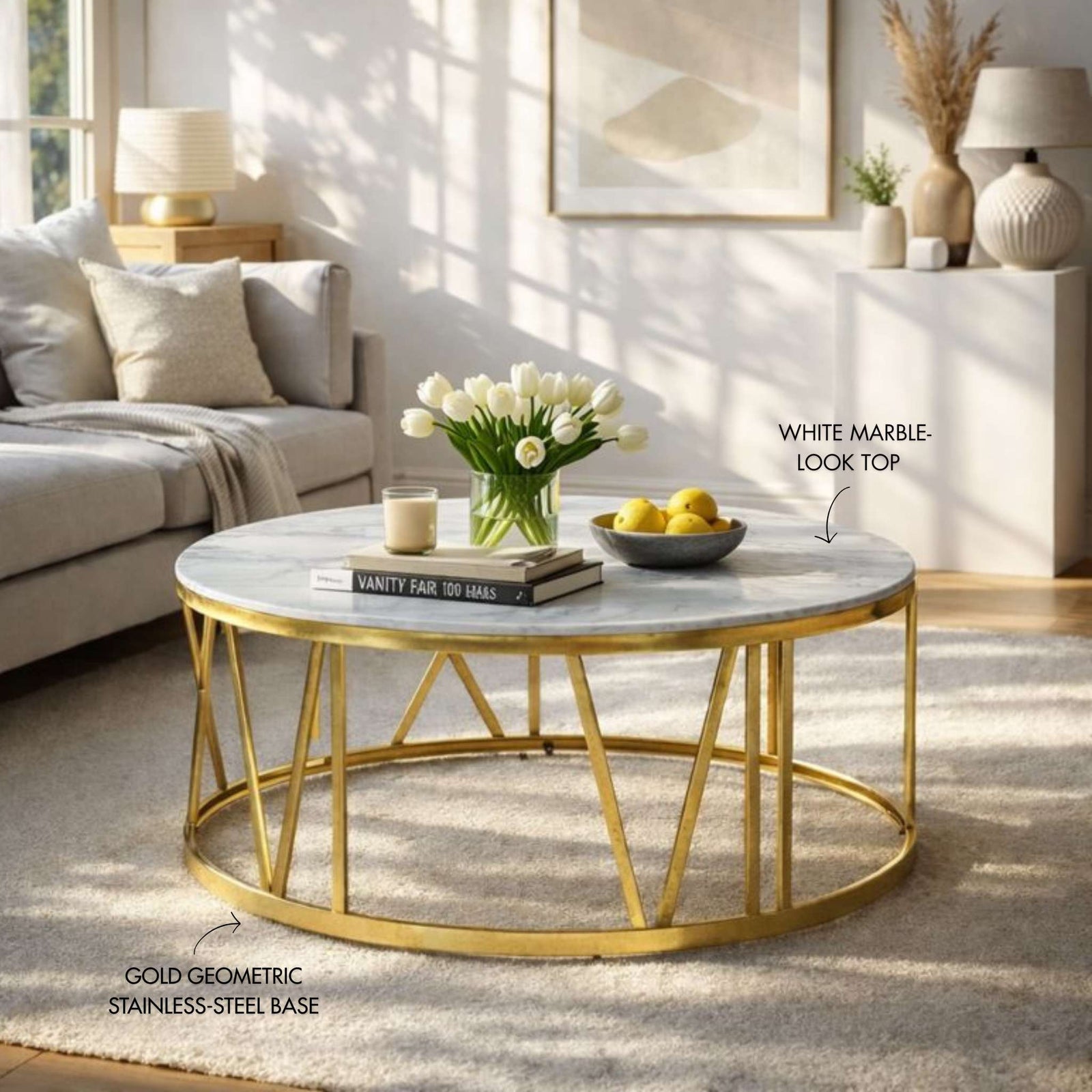 Zoya Coffee Table - White Marble Look Top & Gold Base - DIA1010 x H450 / White Marble Top - Gold Base - Coffee 