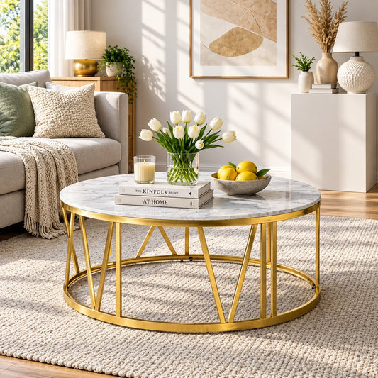 Zoya Coffee Table - White Marble Look Top & Gold Base - DIA1010 x H450 / White Marble Top - Gold Base - Coffee 