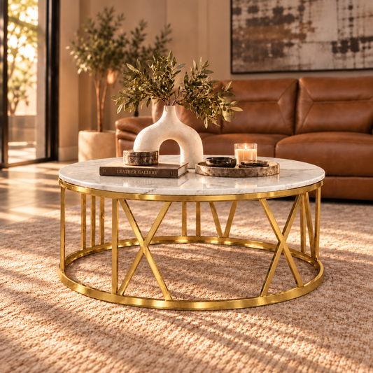Zoya Coffee Table - White Marble Look Top & Gold Base - DIA1010 x H450 / White Marble Top - Gold Base - Coffee 