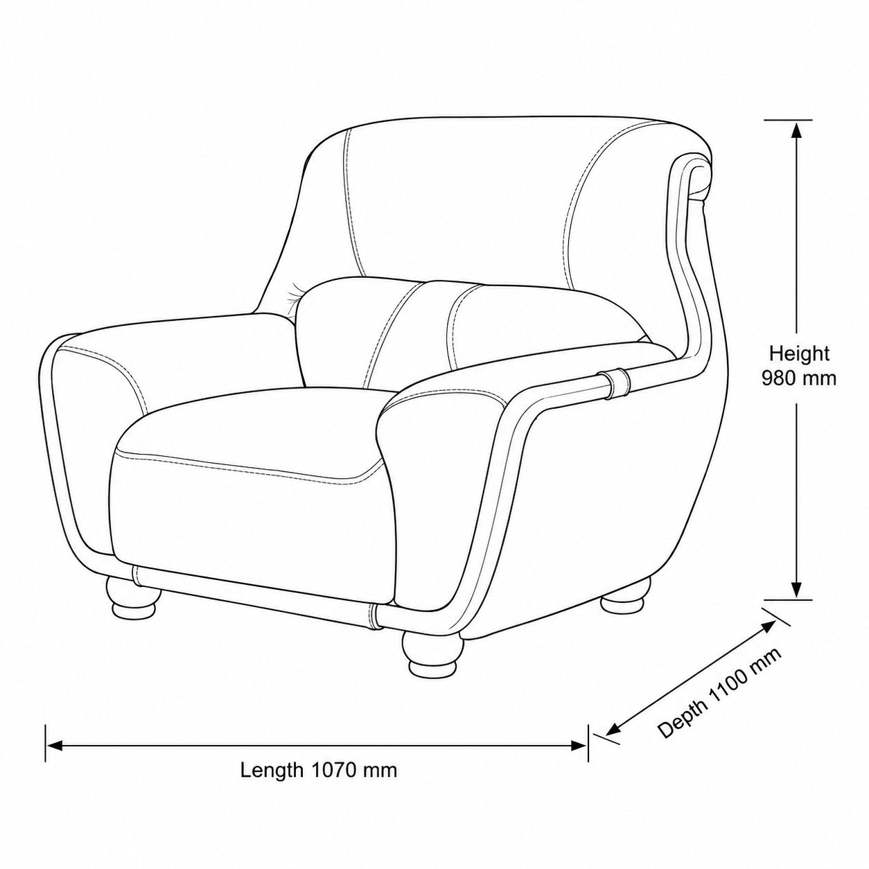 Measurement chart for Zuri 1 Seater Leather Couch