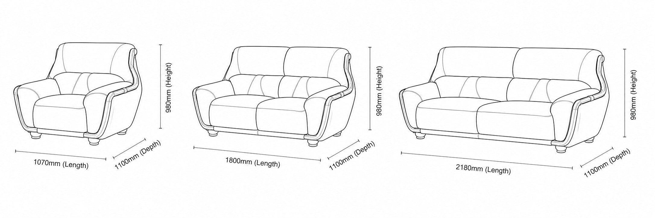 Measurement chart for Zuri 3+2+1 Leather Lounge Suite
