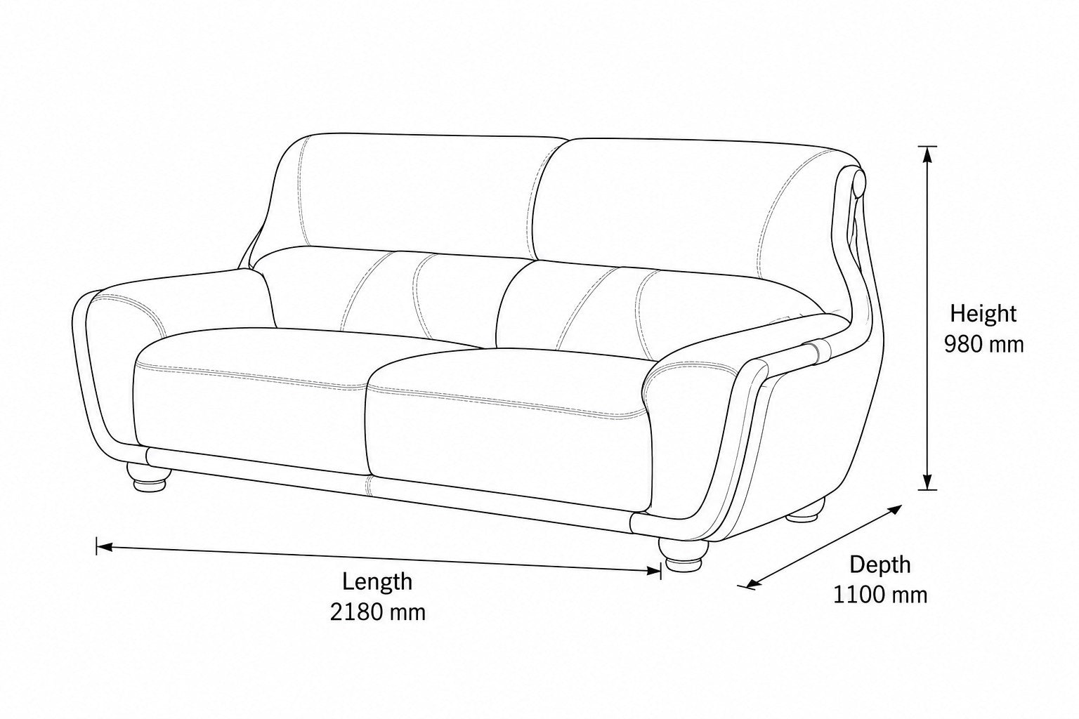 Measurement chart for Zuri 3 Seater Leather Couch