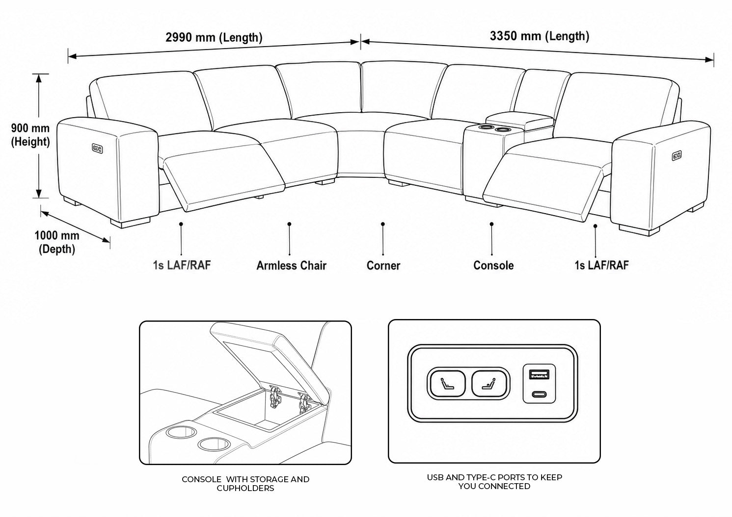 Measurement chart for Zurich 5 Seater Leather L Shaped Couch