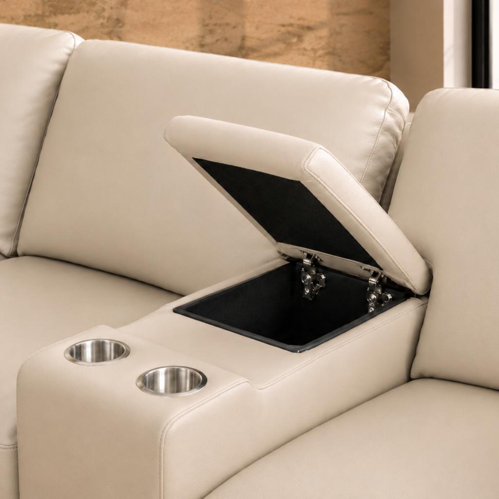 Close up of the home theatre console and cupholders on a Zurich Leather L shape couch | corner couch, corner couches for sale