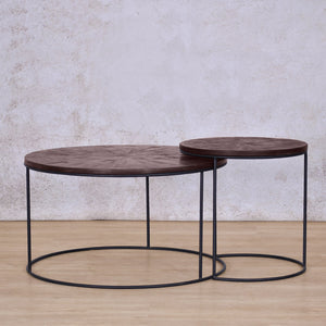 A second version of a side view image of the two tables intersecting - Callie Nesting Coffee Table set - Coffee Parquet Wood Colour | Coffee Table Sets | Coffee Table Collection at Leather Gallery | Coffee Tables for sale | Modern Coffee Table | Coffee Tables | coffee tables south africa | round coffee table | small round coffee table | nesting tables | small coffee table | Leather gallery furniture stores | black coffee table