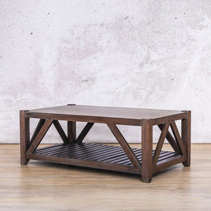 Side angled view of the Fairview Antique Coffee Wood Coffee Table Coffee Table | Leather Gallery Coffee Table Range | Coffee Tables For Sale Leather Gallery | Coffee Tables South Africa | Modern Coffee Tables | Rectangle Coffee Table | Small Coffee Table | Coffee Tables