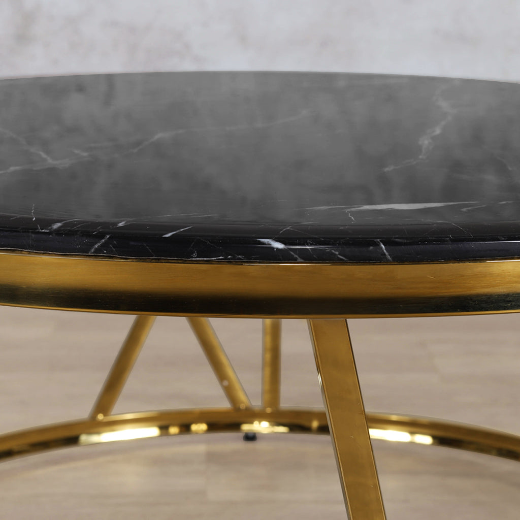 Francesco Coffee Table - Black Marble Look Top with Gold Base  | Coffee Tables at Leather Gallery | Coffee Tables for sale | Modern Coffee Table | Coffee Tables | coffee tables south africa | round coffee table | wood coffee table | small coffee table | small round coffee table | marble coffee table | Leather gallery Furniture Stores  | black coffee table