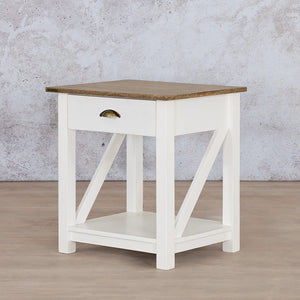 Angled front view of the white and natural grain Louvre bedside table with 1 Drawer | Bedside Pedestal | Bedroom Pedestals | Bedside Pedestals For Sale | Side Tables For Sale | pedestals for sale | modern bedside pedestals | Pedestal Range at Leather Gallery Furniture Stores