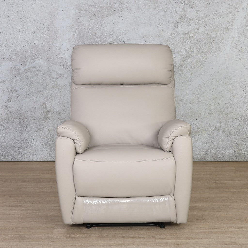 Front view of the Denver Leather Recliner Chair in Noble Grey, showcasing its sleek and modern design, perfect for any living room.