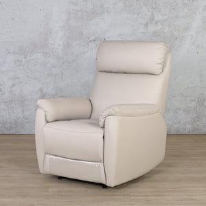 Side view of the Denver Leather Recliner Chair in Noble Saddle, highlighting the built-in Leggett & Platt reclining mechanism.