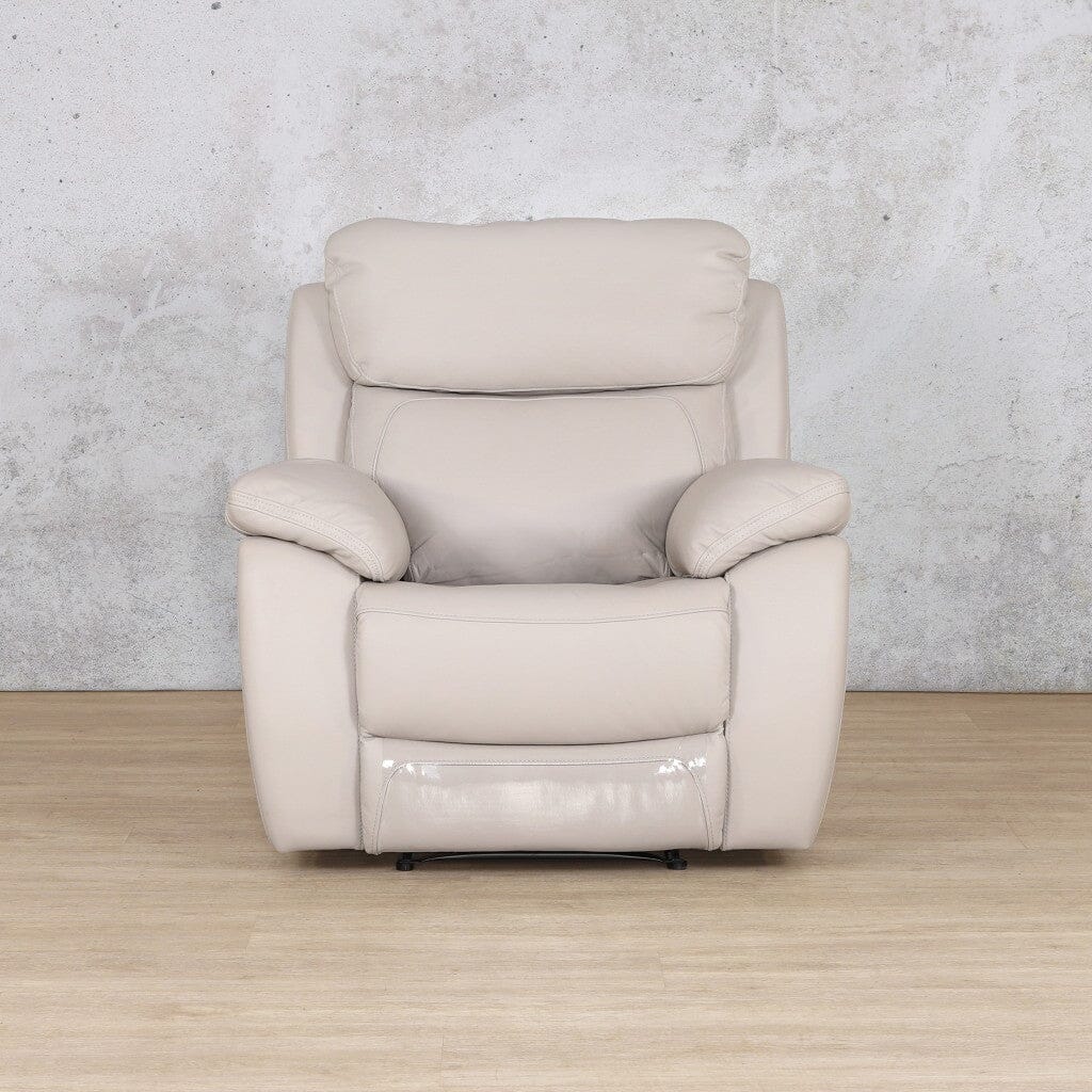 Grey leather recliner chair with a sleek and modern design, perfect for contemporary living rooms.